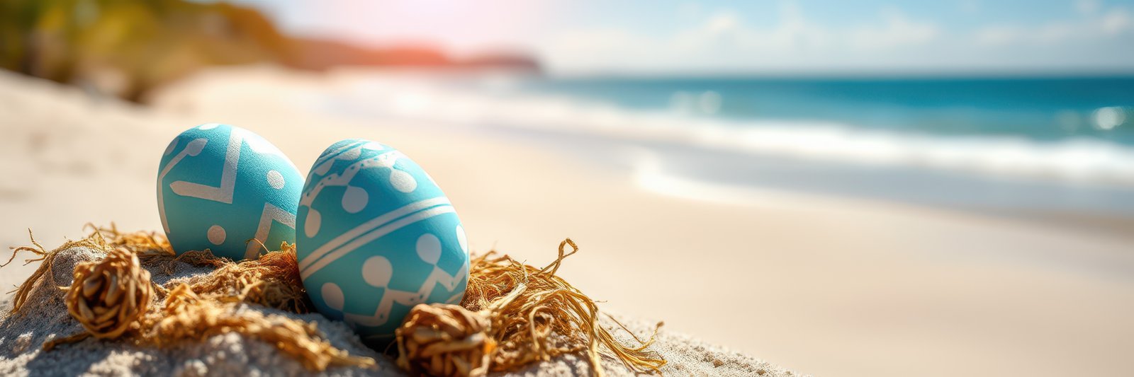 Colorful decorated eggs on sandy beach with ocean view in bright sunlight during spring